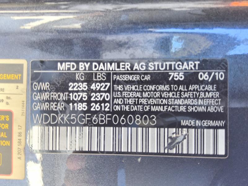 2011 Mercedes-benz E მანქანა იყიდება აუქციონზე, vin: WDDKK5GF6BF060803, აუქციონის ნომერი: 66239296