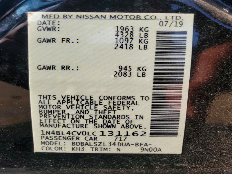 2020 Nissan Altima მანქანა იყიდება აუქციონზე, vin: 1N4BL4CV0LC131162, აუქციონის ნომერი: 63863776