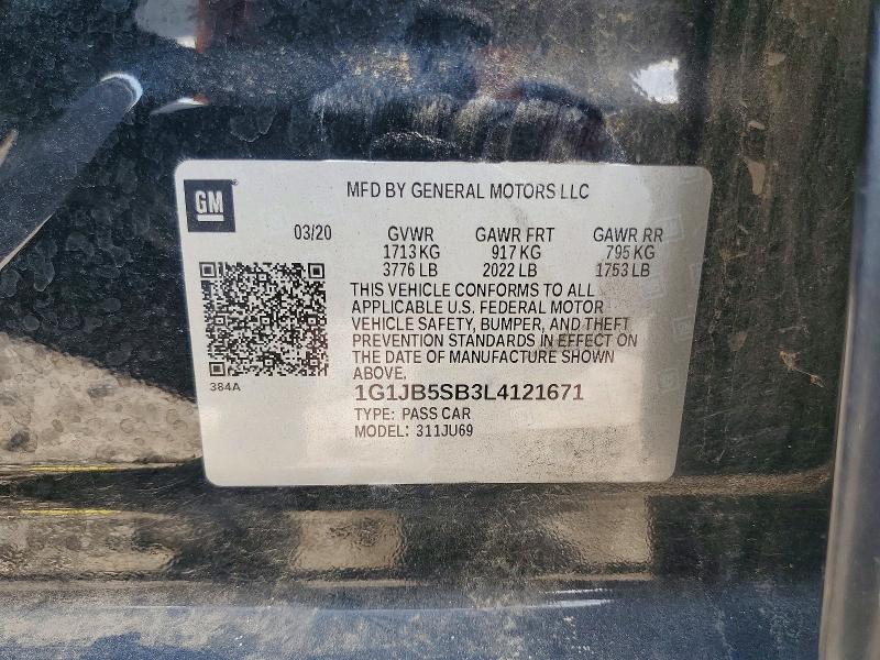 2020 Chevrolet Sonic მანქანა იყიდება აუქციონზე, vin: 1G1JB5SB3L4121671, აუქციონის ნომერი: 64081076