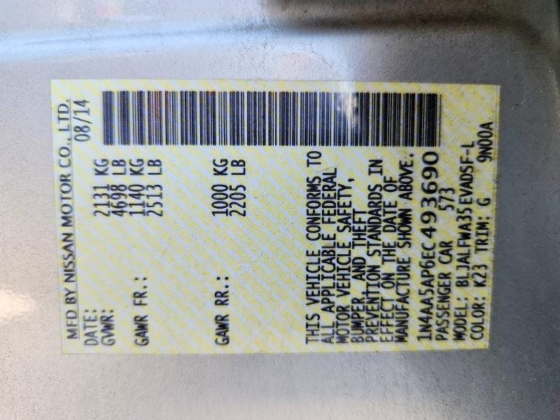2014 Nissan Maxima მანქანა იყიდება აუქციონზე, vin: 1N4AA5AP6EC493690, აუქციონის ნომერი: 65123946