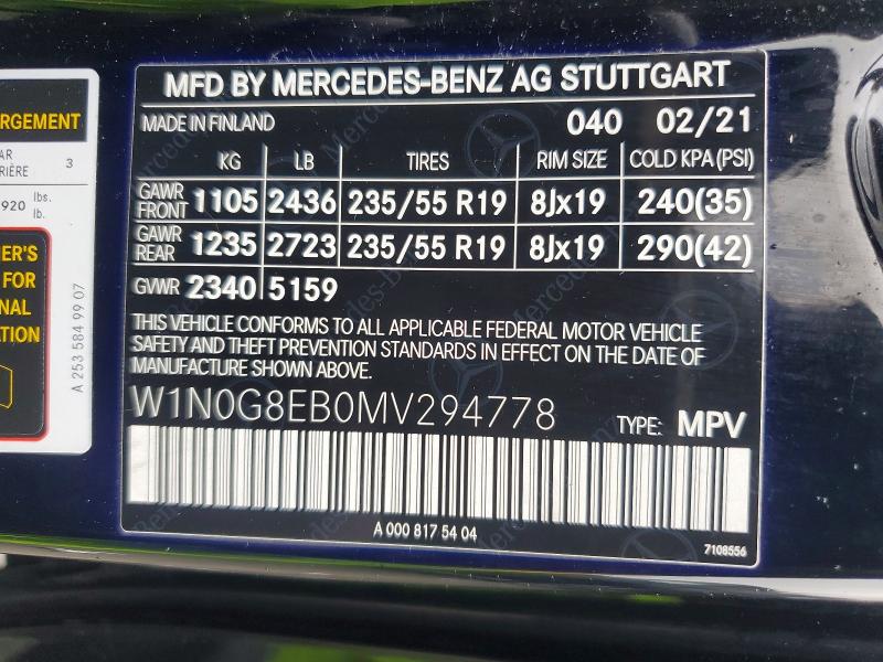 2021 Mercedes-benz Glc მანქანა იყიდება აუქციონზე, vin: W1N0G8EB0MV294778, აუქციონის ნომერი: 66082656