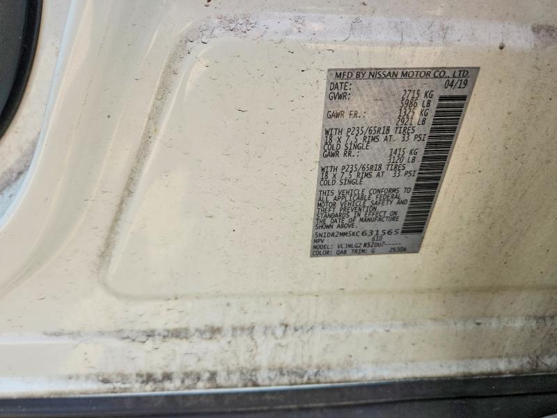 63820186 :رقم المزاد ، 5N1DR2MM5KC631565 vin ، 2019 Nissan Pathfinder مزاد بيع