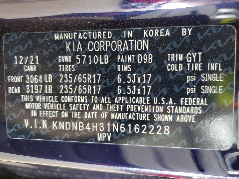 67087746 :رقم المزاد ، KNDNB4H31N6162228 vin ، 2022 Kia Carnival مزاد بيع