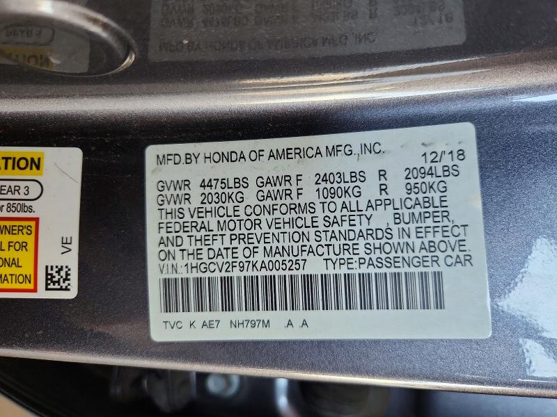 2019 Honda Accord მანქანა იყიდება აუქციონზე, vin: 1HGCV2F97KA005257, აუქციონის ნომერი: 66759436