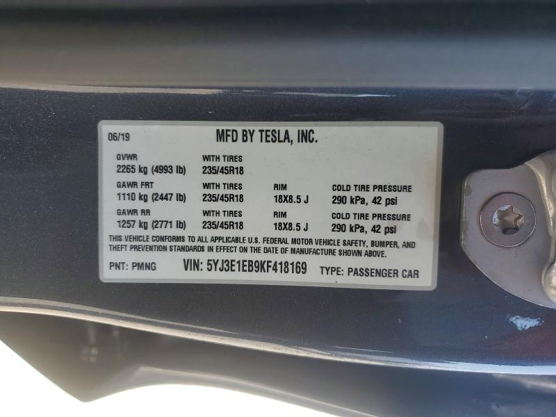 Aukcja sprzedaży 2019 Tesla Model 3, vin: 5YJ3E1EB9KF418169, numer aukcji: 63222236