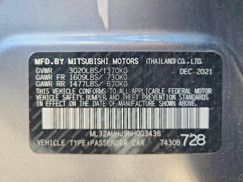 2022 Mitsubishi Mirage მანქანა იყიდება აუქციონზე, vin: ML32AUHJ9NH003436, აუქციონის ნომერი: 64056716