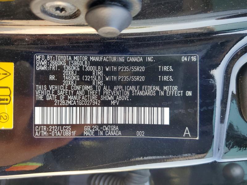 63223716 :رقم المزاد ، 2T2BZMCA1GC027942 vin ، 2016 Lexus Rx 350 مزاد بيع