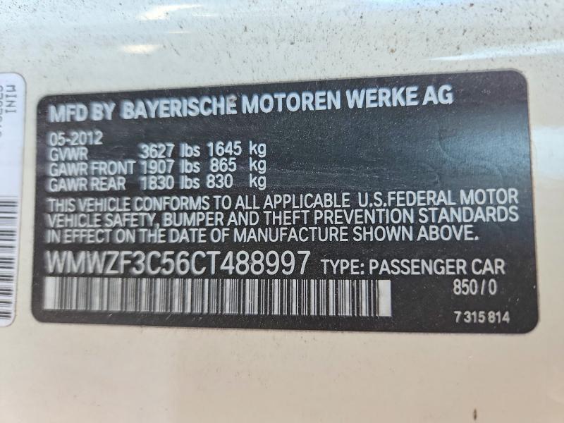 Продажа на аукционе авто 2012 Mini Cooper, vin: WMWZF3C56CT488997, номер лота: 65691956