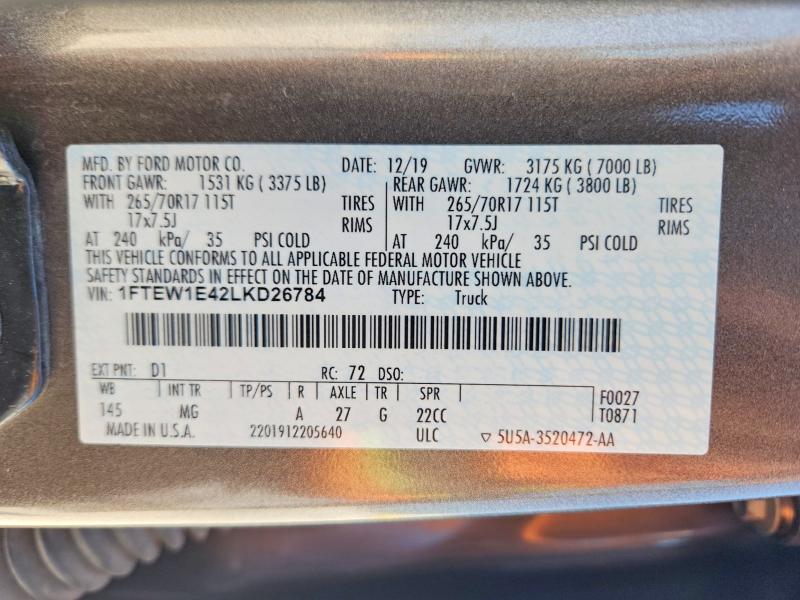 2020 Ford F150 მანქანა იყიდება აუქციონზე, vin: 1FTEW1E42LKD26784, აუქციონის ნომერი: 65032246