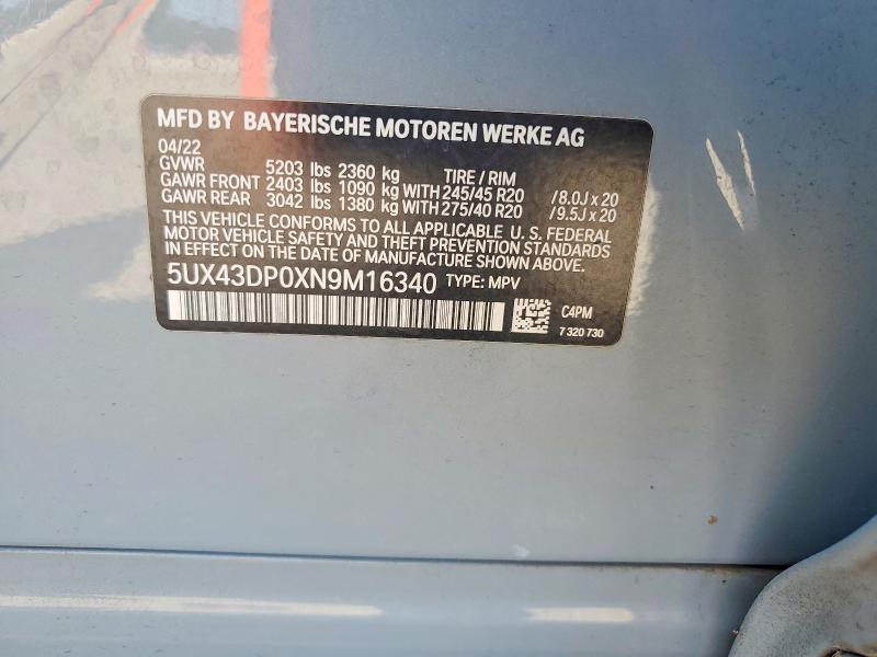 Aukcja sprzedaży 2022 Bmw X3, vin: 5UX43DP0XN9M16340, numer aukcji: 65280136