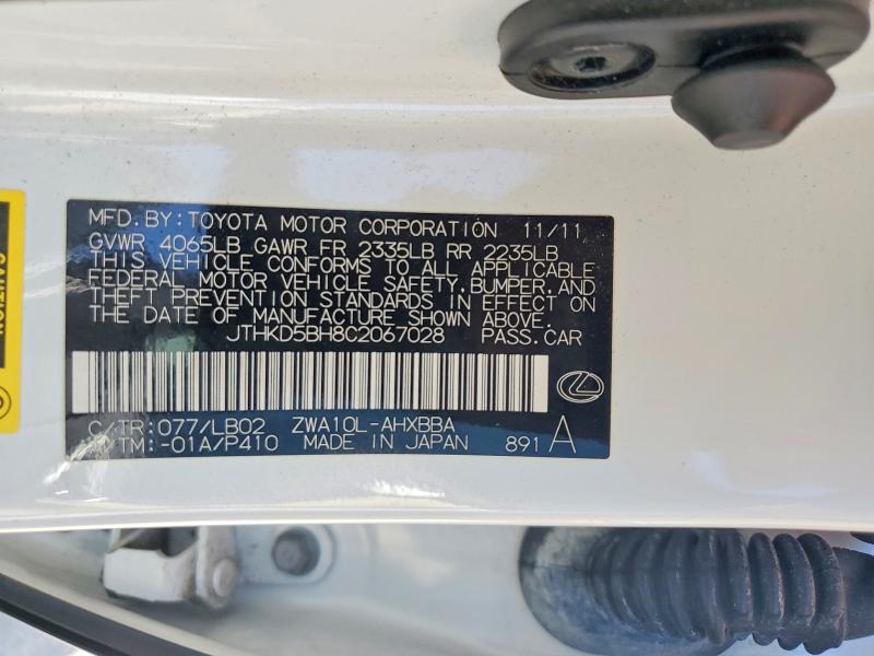 64699976 :رقم المزاد ، JTHKD5BH8C2067028 vin ، 2012 Lexus Ct مزاد بيع