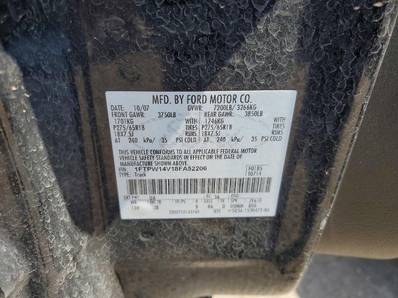 2008 Ford F150 მანქანა იყიდება აუქციონზე, vin: 1FTPW14V18FA52206, აუქციონის ნომერი: 64270046