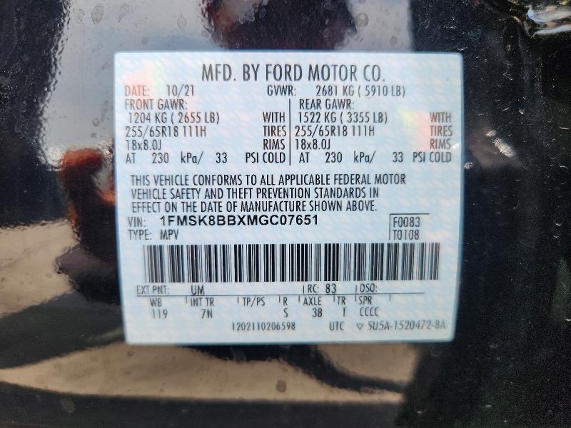 66144606 :رقم المزاد ، 1FMSK8BBXMGC07651 vin ، 2021 Ford Explorer مزاد بيع
