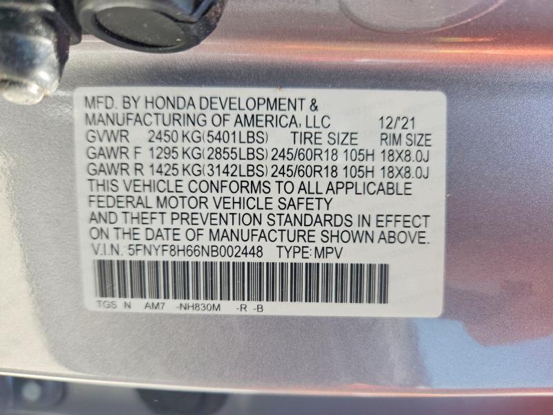 2022 Honda Passport მანქანა იყიდება აუქციონზე, vin: 5FNYF8H66NB002448, აუქციონის ნომერი: 66907266