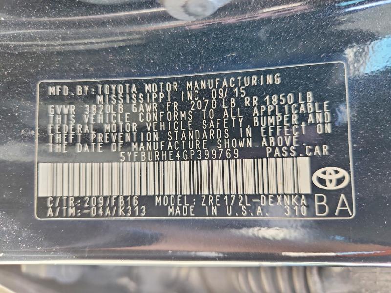 Продаж на аукціоні авто 2016 Toyota Corolla, vin: 5YFBURHE4GP399769, номер лоту: 64447266