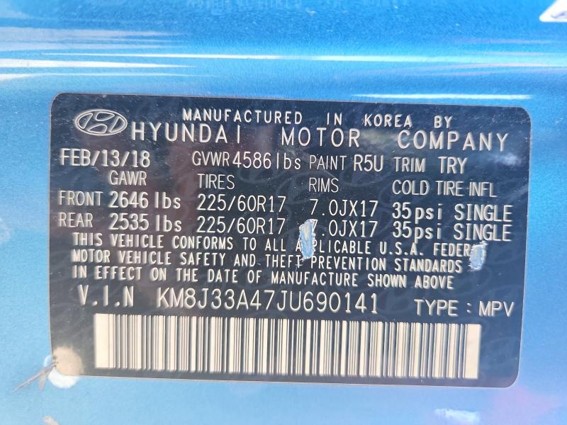 65281276 :رقم المزاد ، KM8J33A47JU690141 vin ، 2018 Hyundai Tucson مزاد بيع