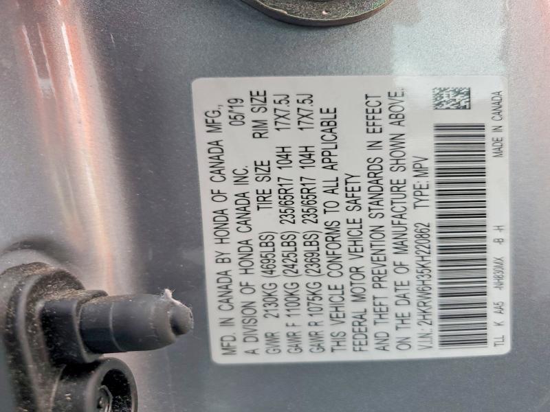65540626 :رقم المزاد ، 2HKRW6H35KH220862 vin ، 2019 Honda Cr-v مزاد بيع