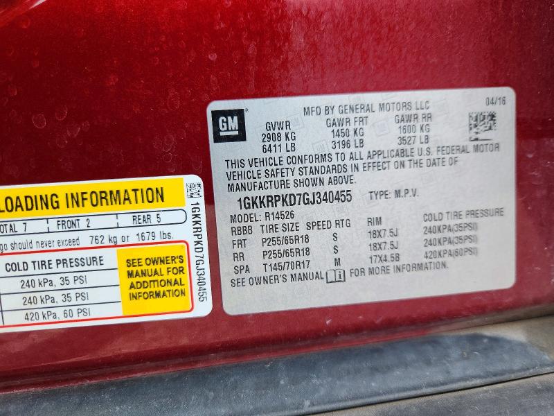 66073136 :رقم المزاد ، 1GKKRPKD7GJ340455 vin ، 2016 Gmc Acadia مزاد بيع