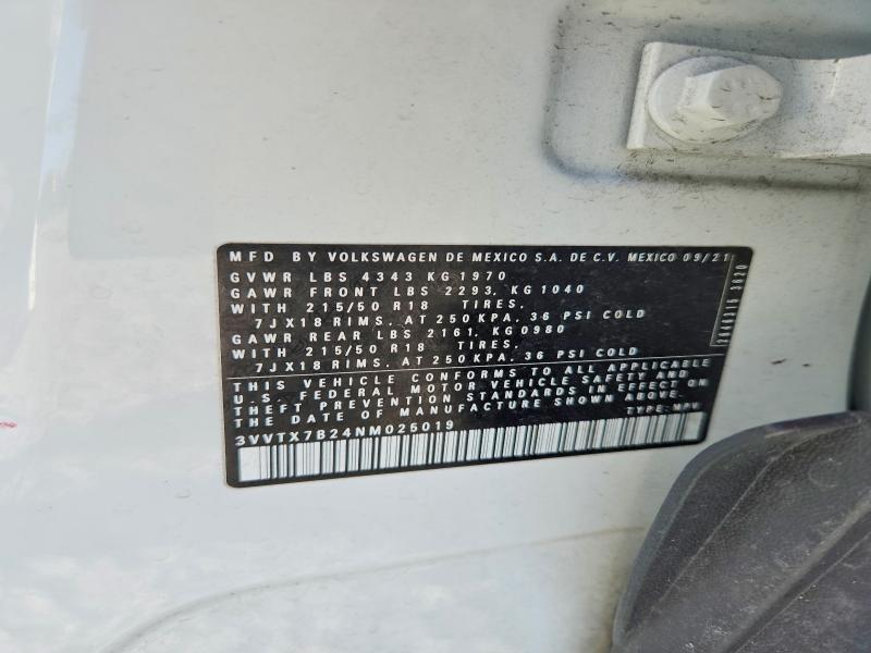 2022 Volkswagen Taos მანქანა იყიდება აუქციონზე, vin: 3VVTX7B24NM025019, აუქციონის ნომერი: 64906066