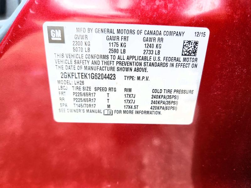 65304646 :رقم المزاد ، 2GKFLTEK1G6204423 vin ، 2016 Gmc Terrain مزاد بيع