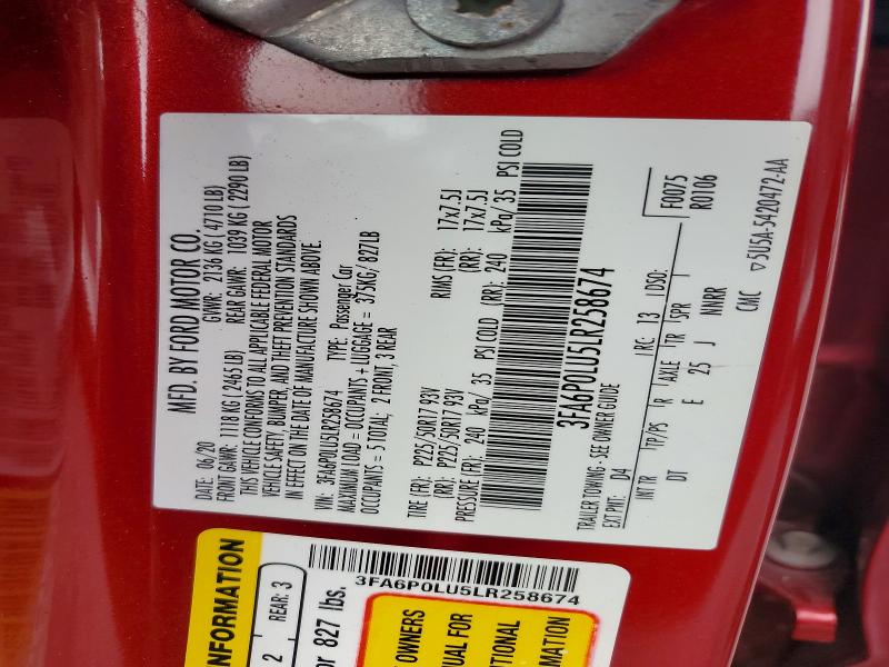 65193266 :رقم المزاد ، 3FA6P0LU5LR258674 vin ، 2020 Ford Fusion مزاد بيع