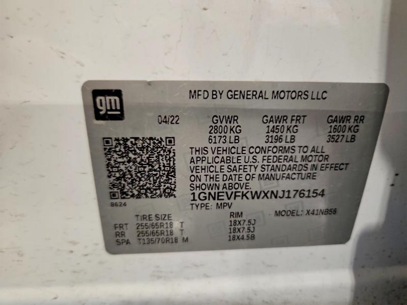 Aukcja sprzedaży 2022 Chevrolet Traverse, vin: 1GNEVFKWXNJ176154, numer aukcji: 64114306
