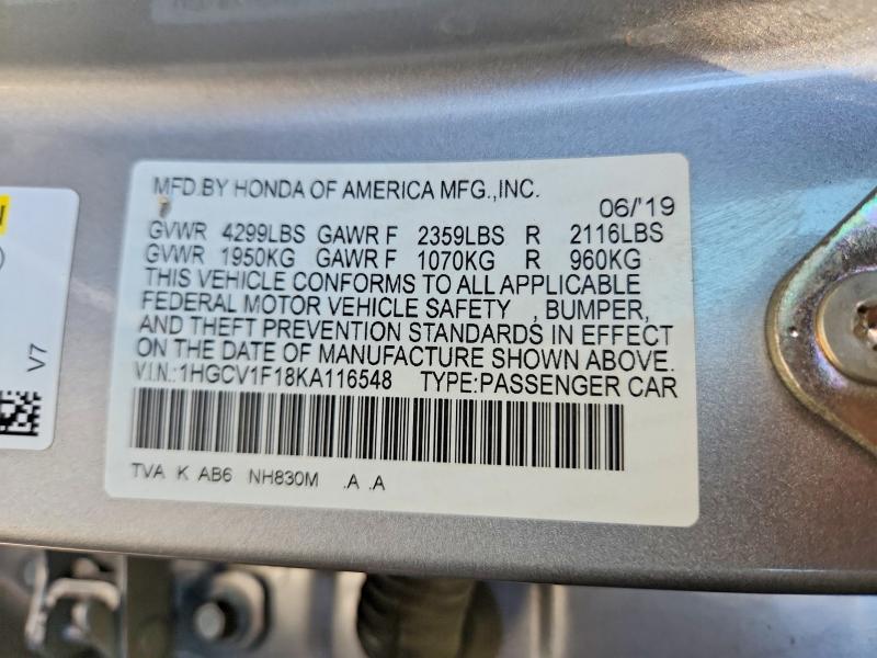 2019 Honda Accord მანქანა იყიდება აუქციონზე, vin: 1HGCV1F18KA116548, აუქციონის ნომერი: 64491556