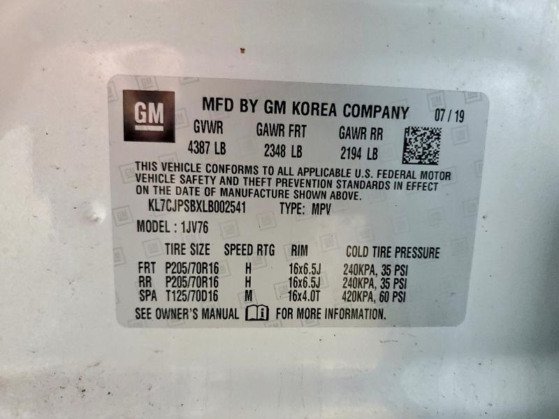 Продаж на аукціоні авто 2020 Chevrolet Trax, vin: KL7CJPSBXLB002541, номер лоту: 64614916