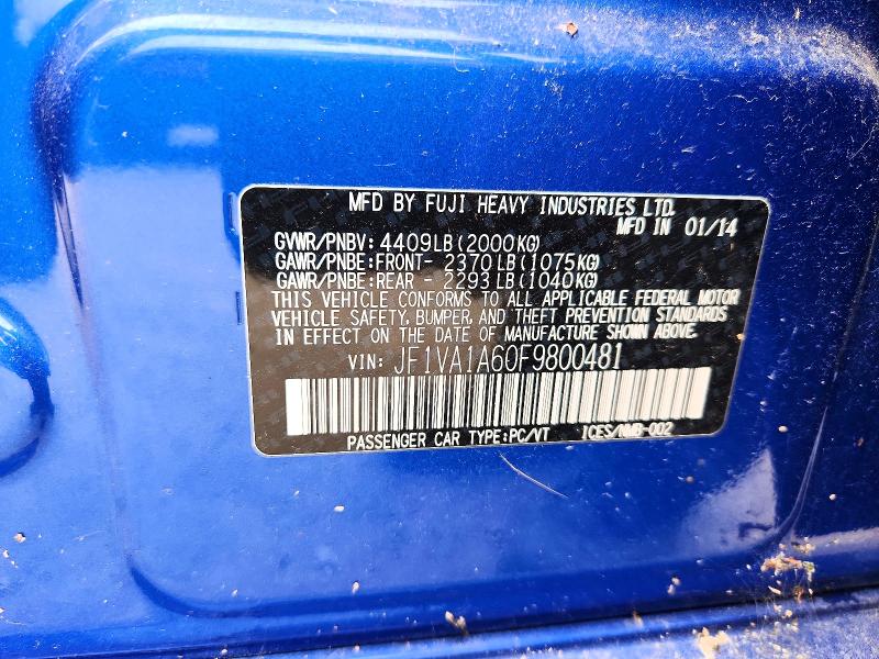 Продажа на аукционе авто 2015 Subaru Wrx, vin: JF1VA1A60F9800481, номер лота: 65917816