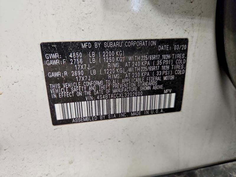 2020 Subaru Outback მანქანა იყიდება აუქციონზე, vin: 4S4BTACCXL3202600, აუქციონის ნომერი: 65630556