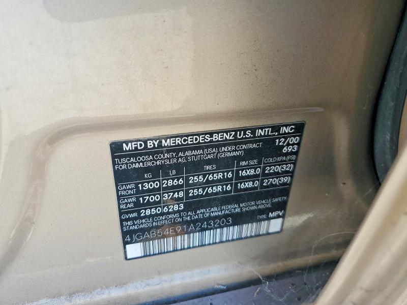 2001 Mercedes-benz Ml მანქანა იყიდება აუქციონზე, vin: 4JGAB54E91A243203, აუქციონის ნომერი: 63684026