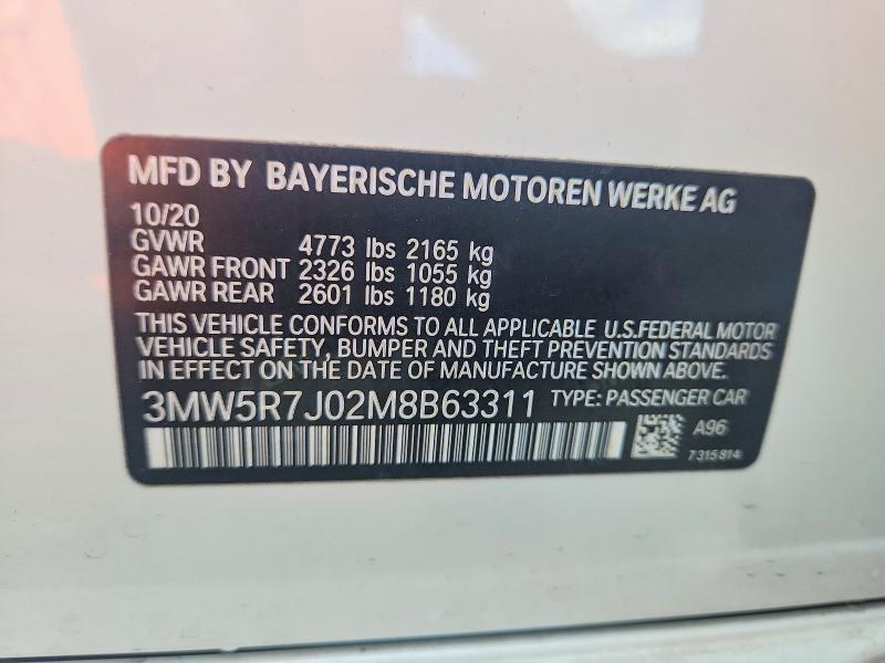 65281186 :رقم المزاد ، 3MW5R7J02M8B63311 vin ، 2021 Bmw 330xi مزاد بيع