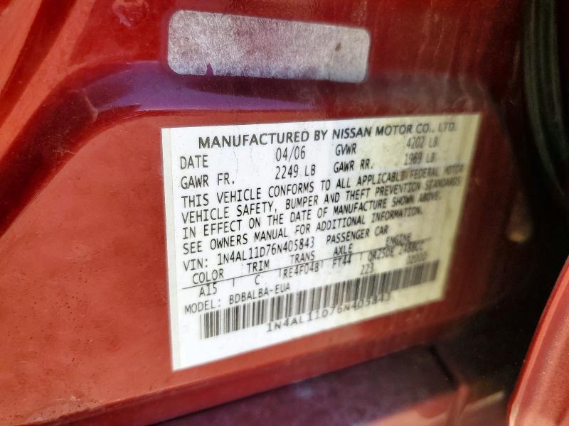 2006 Nissan Altima მანქანა იყიდება აუქციონზე, vin: 1N4AL11D76N405843, აუქციონის ნომერი: 63760496
