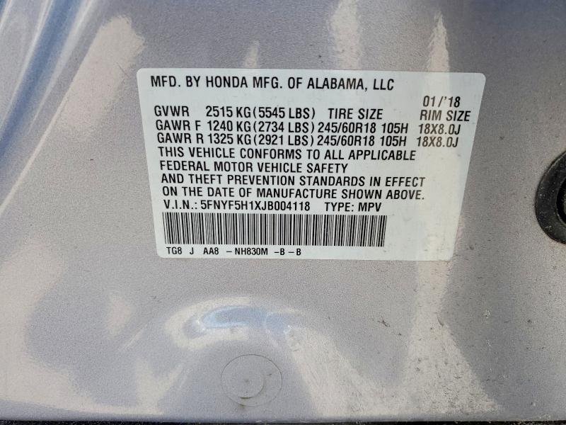 Продажа на аукционе авто 2018 Honda Pilot, vin: 5FNYF5H1XJB004118, номер лота: 66748046
