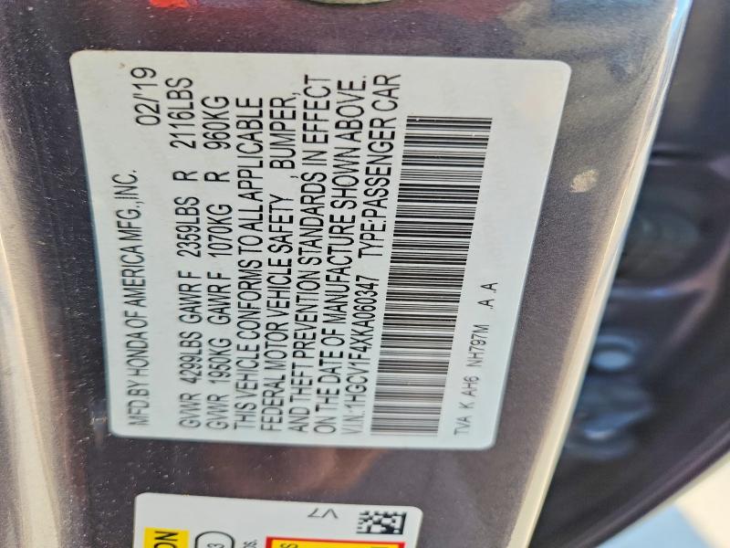Aukcja sprzedaży 2019 Honda Accord, vin: 1HGCV1F4XKA060347, numer aukcji: 65082456
