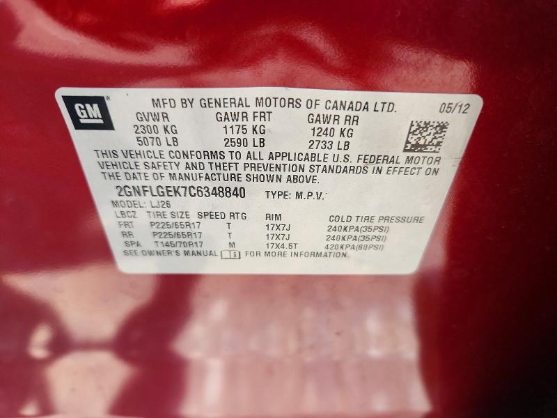 63784146 :رقم المزاد ، 2GNFLGEK7C6348840 vin ، 2012 Chevrolet Equinox مزاد بيع