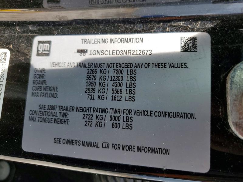 Продаж на аукціоні авто 2022 Chevrolet Tahoe, vin: 1GNSCLED3NR212673, номер лоту: 63899626