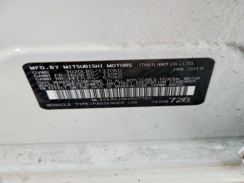 2019 Mitsubishi Mirage მანქანა იყიდება აუქციონზე, vin: ML32A3HJXKH007761, აუქციონის ნომერი: 63003256