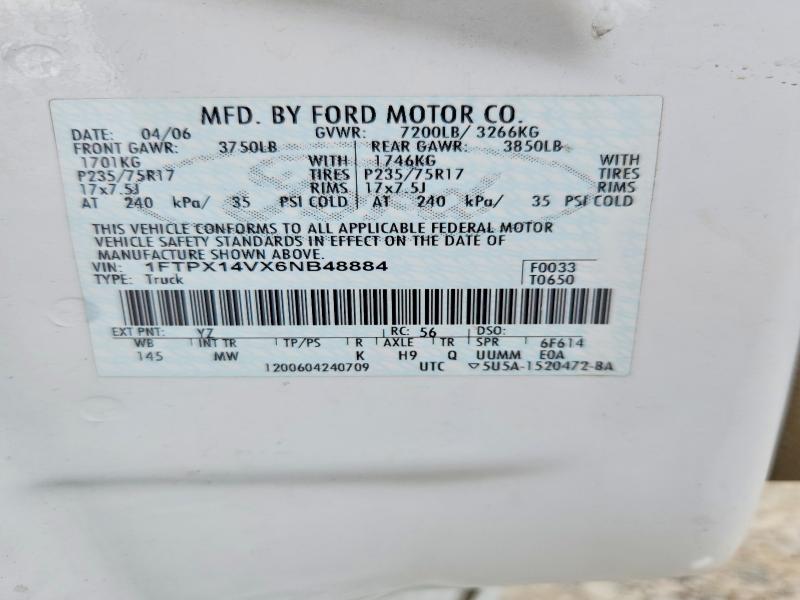 2006 Ford F150 მანქანა იყიდება აუქციონზე, vin: 1FTPX14VX6NB48884, აუქციონის ნომერი: 65204146