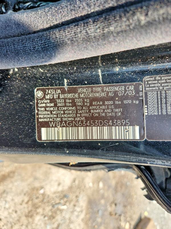 64914656 :رقم المزاد ، WBAGN63453DS43895 vin ، 2003 Bmw 745 مزاد بيع