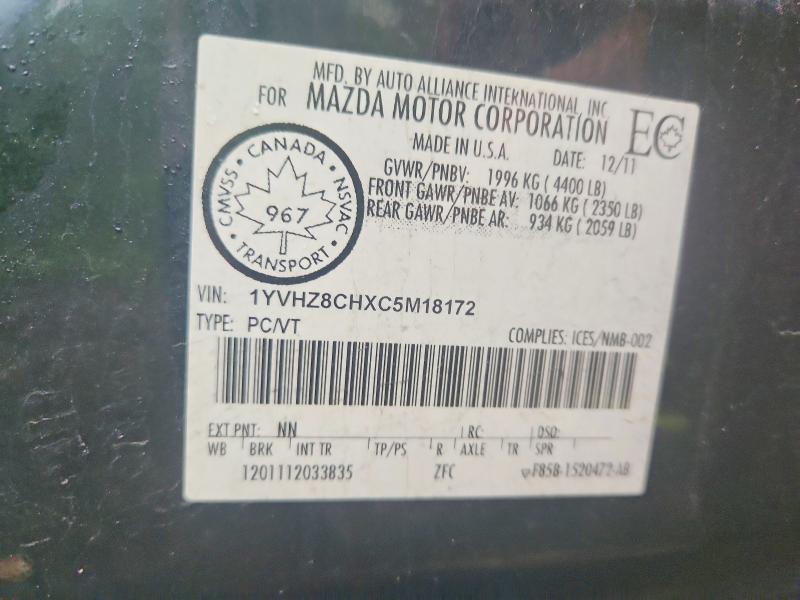 Auction sale of the 2012 Mazda 6, vin: 1YVHZ8CHXC5M18172, lot number: 64010776