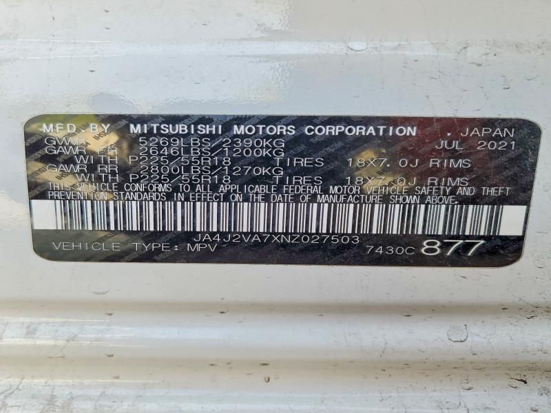 63291326 :رقم المزاد ، JA4J2VA7XNZ027503 vin ، 2022 Mitsubishi Outlander مزاد بيع