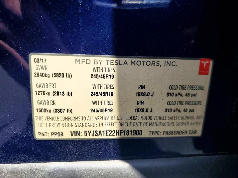 Aukcja sprzedaży 2017 Tesla Model S, vin: 5YJSA1E22HF181900, numer aukcji: 63774246