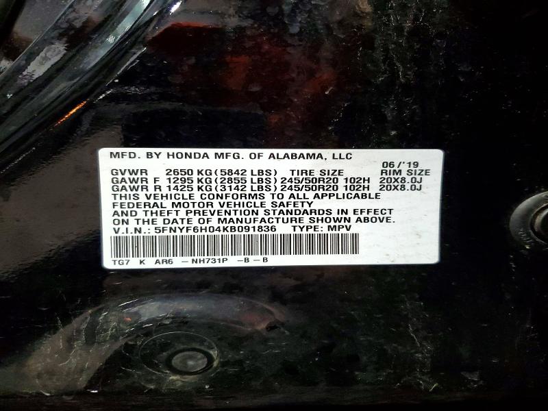 Продажа на аукционе авто 2019 Honda Pilot, vin: 5FNYF6H04KB091836, номер лота: 65656796