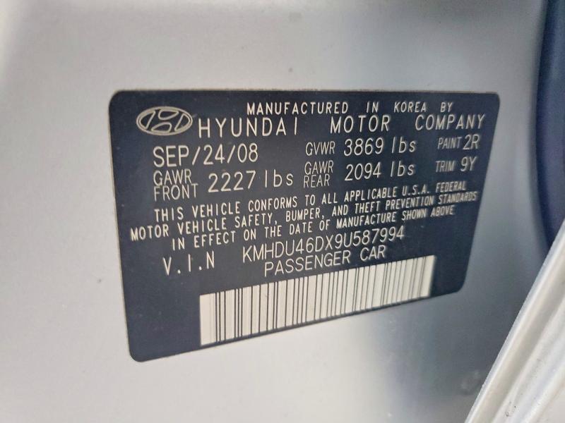 2009 Hyundai Elantra მანქანა იყიდება აუქციონზე, vin: KMHDU46DX9U587994, აუქციონის ნომერი: 65692046
