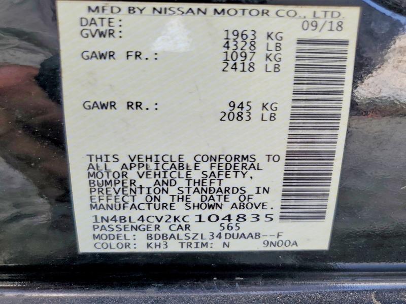 64476996 :رقم المزاد ، 1N4BL4CV2KC104835 vin ، 2019 Nissan Altima مزاد بيع