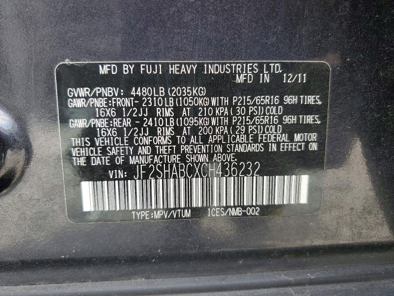 Aukcja sprzedaży 2012 Subaru Forester, vin: JF2SHABCXCH436232, numer aukcji: 63888606