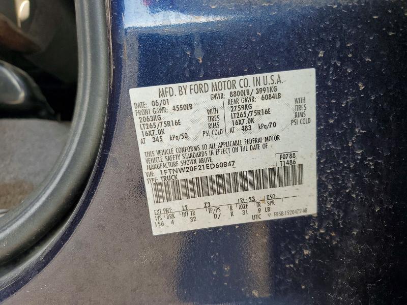2001 Ford F250 მანქანა იყიდება აუქციონზე, vin: 1FTNW20F21ED60847, აუქციონის ნომერი: 65903376