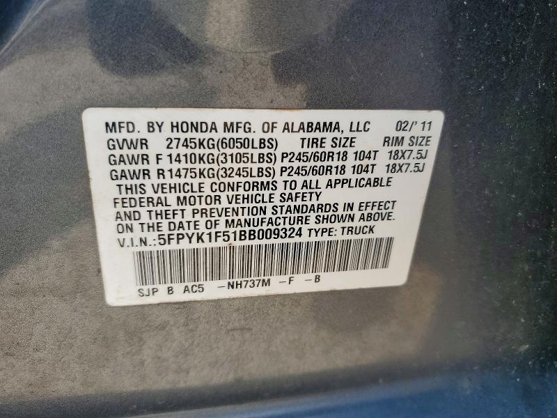 Aukcja sprzedaży 2011 Honda Ridgeline, vin: 5FPYK1F51BB009324, numer aukcji: 63807426