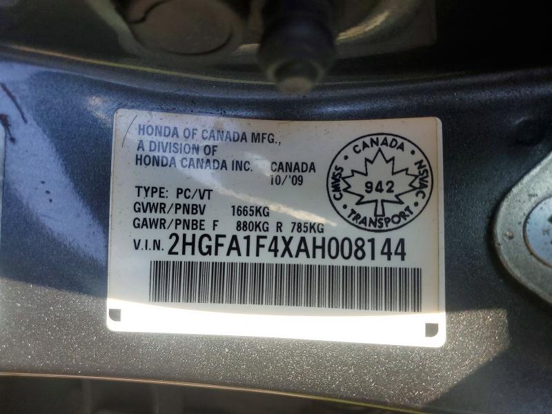 2010 Honda Civic მანქანა იყიდება აუქციონზე, vin: 2HGFA1F4XAH008144, აუქციონის ნომერი: 63504776